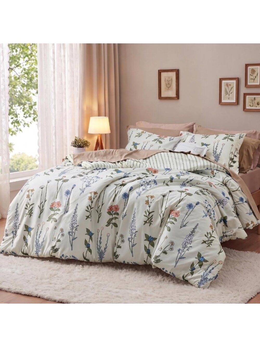 Floral Queen Comforter Set - Soft & Fluffy White Fall Bedding, 3 Pieces
